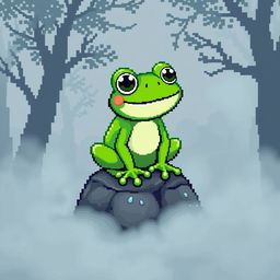 A pixel art representation of a cheerful green frog, 64x64 pixels in size, sitting on a small rock surrounded by dense fog