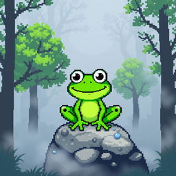 A pixel art representation of a cheerful green frog, 64x64 pixels in size, sitting on a small rock surrounded by dense fog