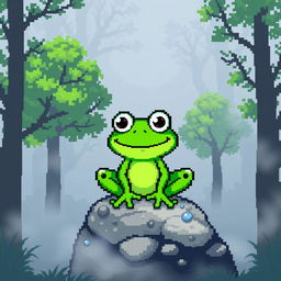 A pixel art representation of a cheerful green frog, 64x64 pixels in size, sitting on a small rock surrounded by dense fog