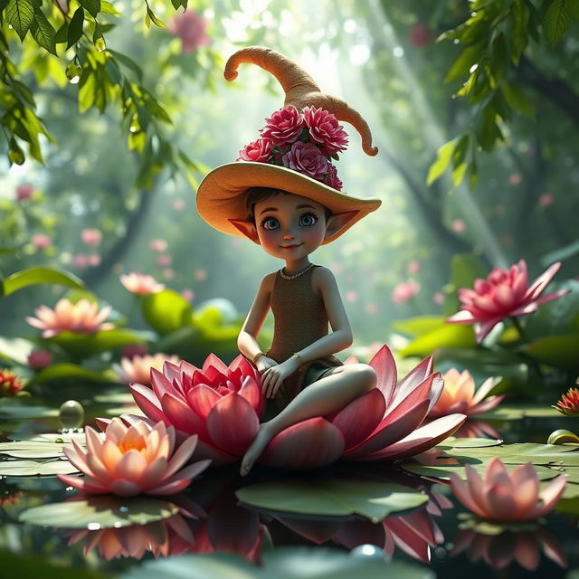 A hyper-realistic 3D elf character wearing a large, elaborate hat, sitting gracefully on a lily pad on a serene pond