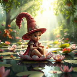 A hyper-realistic 3D elf character wearing a large, elaborate hat, sitting gracefully on a lily pad on a serene pond