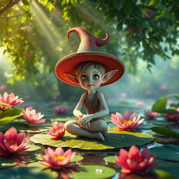 A hyper-realistic 3D elf character wearing a large, elaborate hat, sitting gracefully on a lily pad on a serene pond