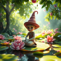 A hyper-realistic 3D elf character wearing a large, elaborate hat, sitting gracefully on a lily pad on a serene pond