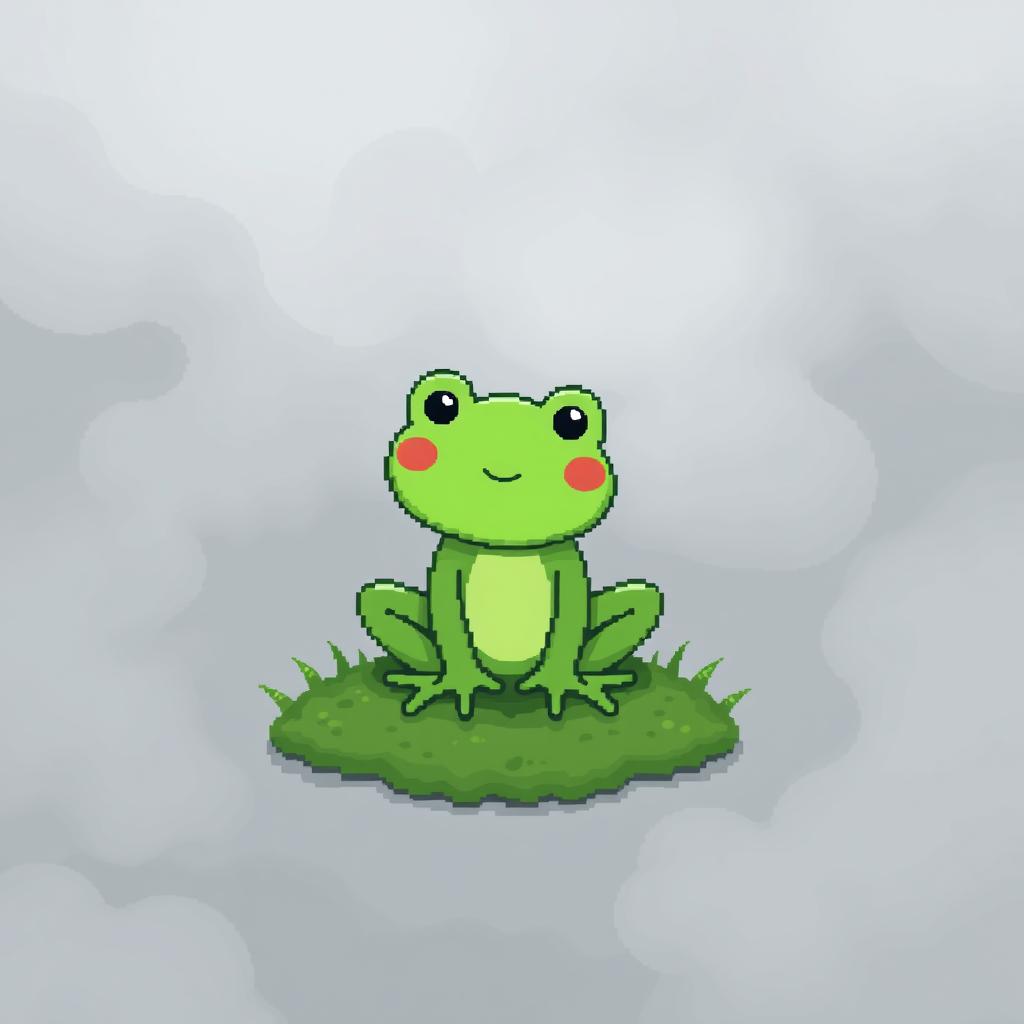 A playful green frog illustrated in pixel art style, sized 32x32 pixels, sitting on a small patch of grass surrounded by thick, swirling fog