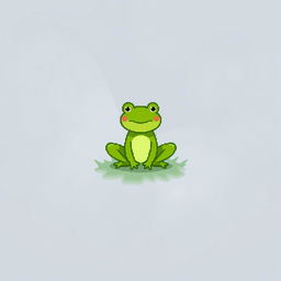 A playful green frog illustrated in pixel art style, sized 32x32 pixels, sitting on a small patch of grass surrounded by thick, swirling fog