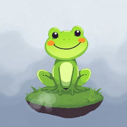 A playful green frog illustrated in pixel art style, sized 32x32 pixels, sitting on a small patch of grass surrounded by thick, swirling fog