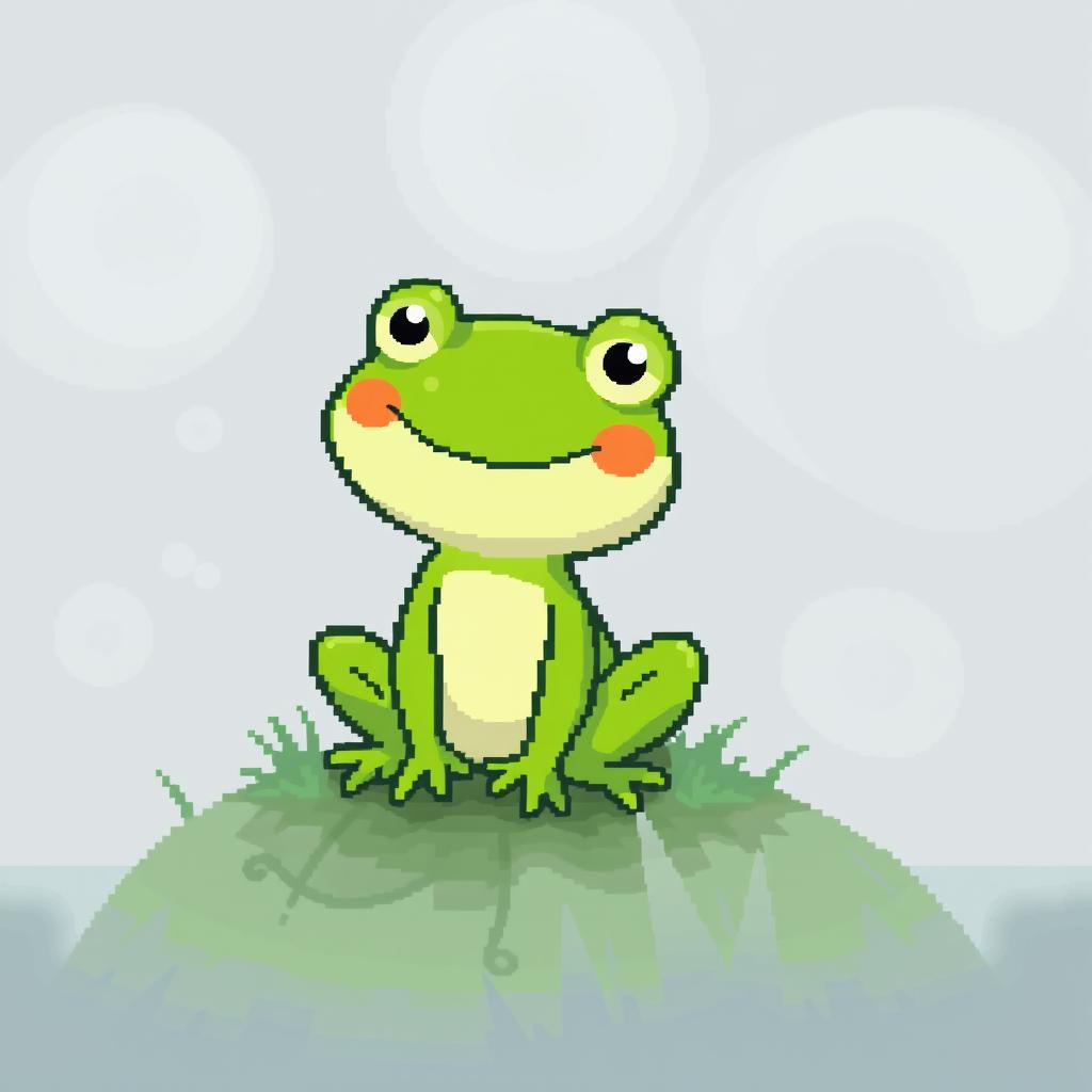 A playful green frog illustrated in pixel art style, sized 32x32 pixels, sitting on a small patch of grass surrounded by thick, swirling fog