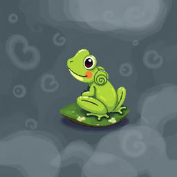 A charming green frog illustrated in pixel art style, sized 32x32 pixels, perched on a small lily pad surrounded by thick, swirling fog with soft curls