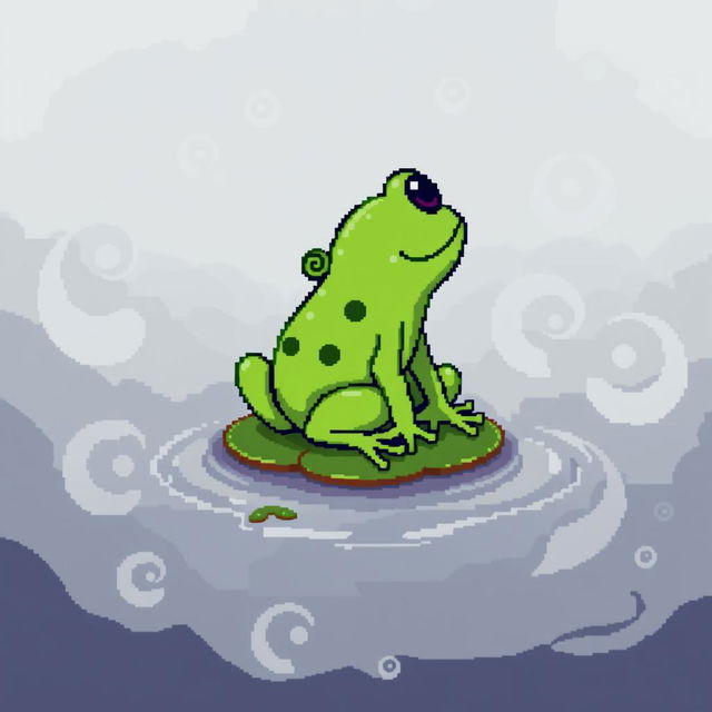 A charming green frog illustrated in pixel art style, sized 32x32 pixels, perched on a small lily pad surrounded by thick, swirling fog with soft curls