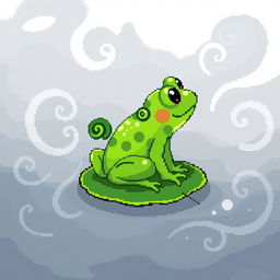 A charming green frog illustrated in pixel art style, sized 32x32 pixels, perched on a small lily pad surrounded by thick, swirling fog with soft curls