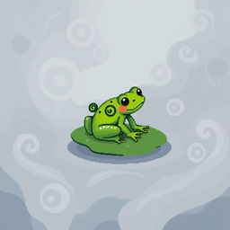 A charming green frog illustrated in pixel art style, sized 32x32 pixels, perched on a small lily pad surrounded by thick, swirling fog with soft curls