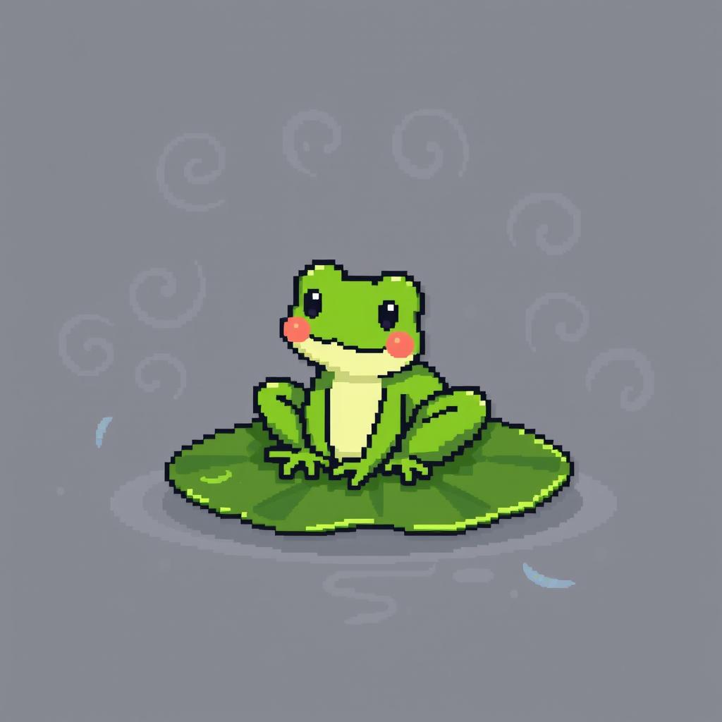 A delightful green frog depicted in a pixel art style, sized 32x32 pixels, nestled on a lily pad amidst a thick fog that features swirling curls