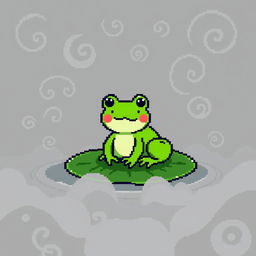 A delightful green frog depicted in a pixel art style, sized 32x32 pixels, nestled on a lily pad amidst a thick fog that features swirling curls