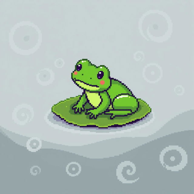 A delightful green frog depicted in a pixel art style, sized 32x32 pixels, nestled on a lily pad amidst a thick fog that features swirling curls