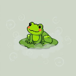 A delightful green frog depicted in a pixel art style, sized 32x32 pixels, nestled on a lily pad amidst a thick fog that features swirling curls