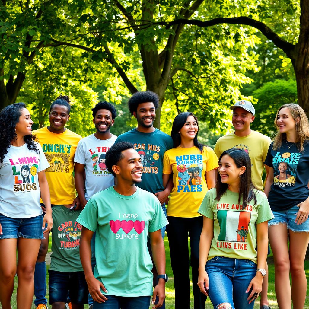 A vibrant scene depicting a diverse group of people in a park showcasing their creative T-shirt designs