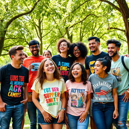 A vibrant scene depicting a diverse group of people in a park showcasing their creative T-shirt designs