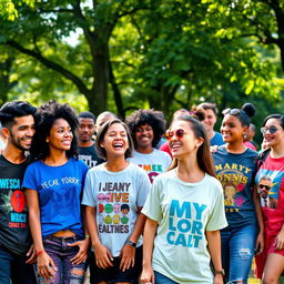 A vibrant scene depicting a diverse group of people in a park showcasing their creative T-shirt designs