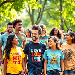 A vibrant scene depicting a diverse group of people in a park showcasing their creative T-shirt designs