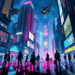 A stunning cyberpunk cityscape at night, vibrant neon lights illuminating towering skyscrapers with intricate architecture