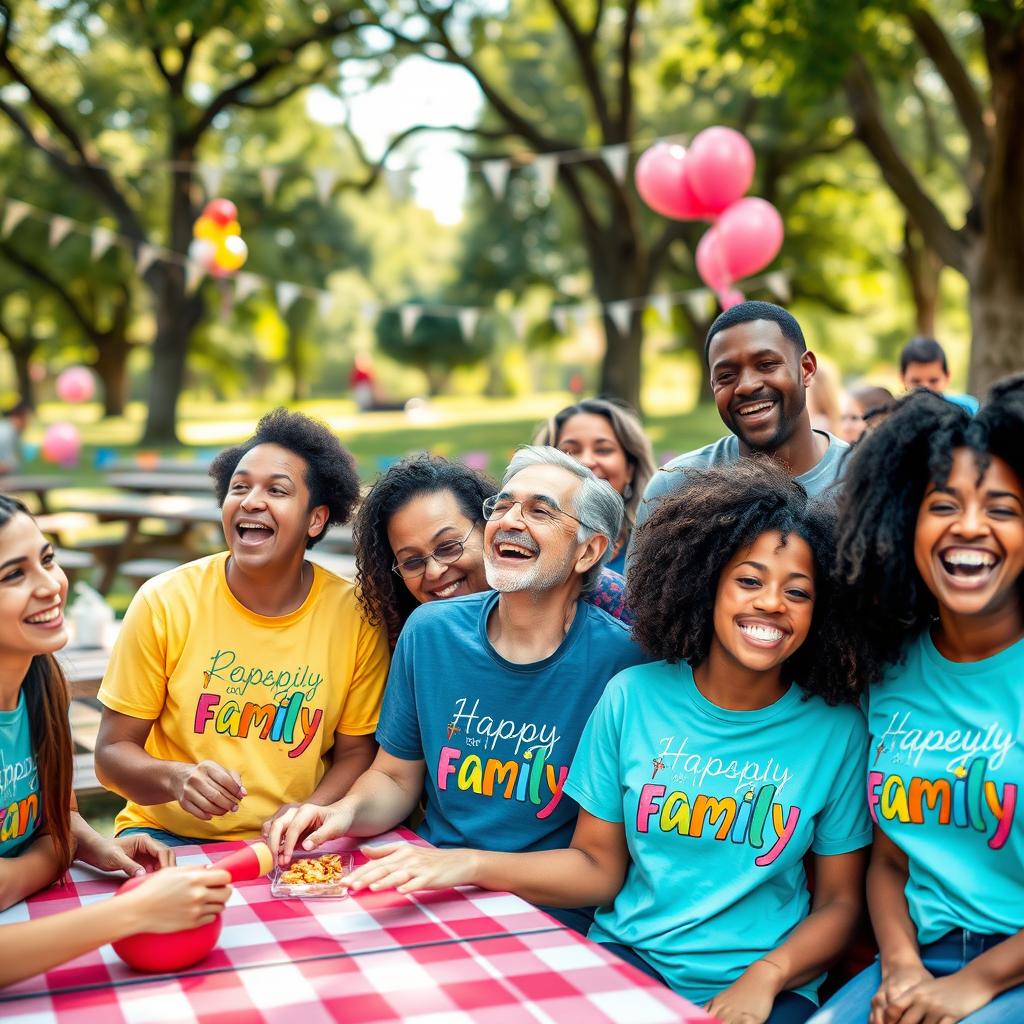 A joyful family gathering scene, featuring diverse family members of various ethnicities wearing matching T-shirts