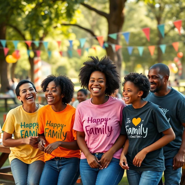 A joyful family gathering scene, featuring diverse family members of various ethnicities wearing matching T-shirts