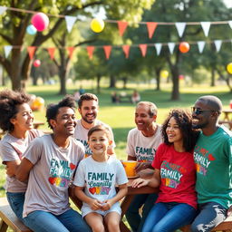 A joyful family gathering scene, featuring diverse family members of various ethnicities wearing matching T-shirts