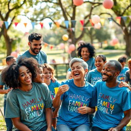 A joyful family gathering scene, featuring diverse family members of various ethnicities wearing matching T-shirts