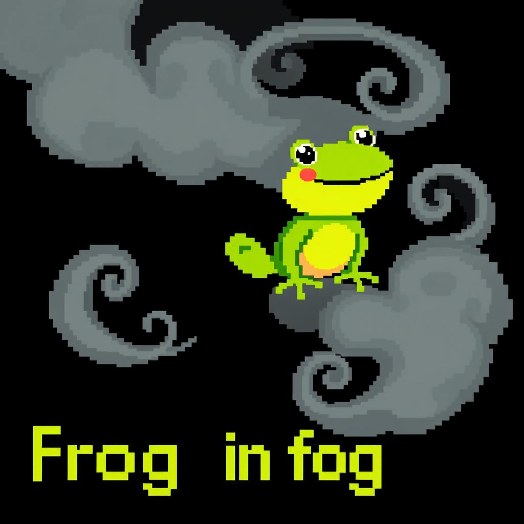 A pixel art illustration featuring a whimsical frog in a thick, curling fog against a solid black background