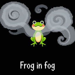 A pixel art illustration featuring a whimsical frog in a thick, curling fog against a solid black background