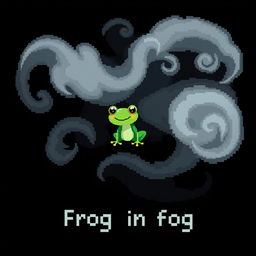 A pixel art illustration featuring a whimsical frog in a thick, curling fog against a solid black background