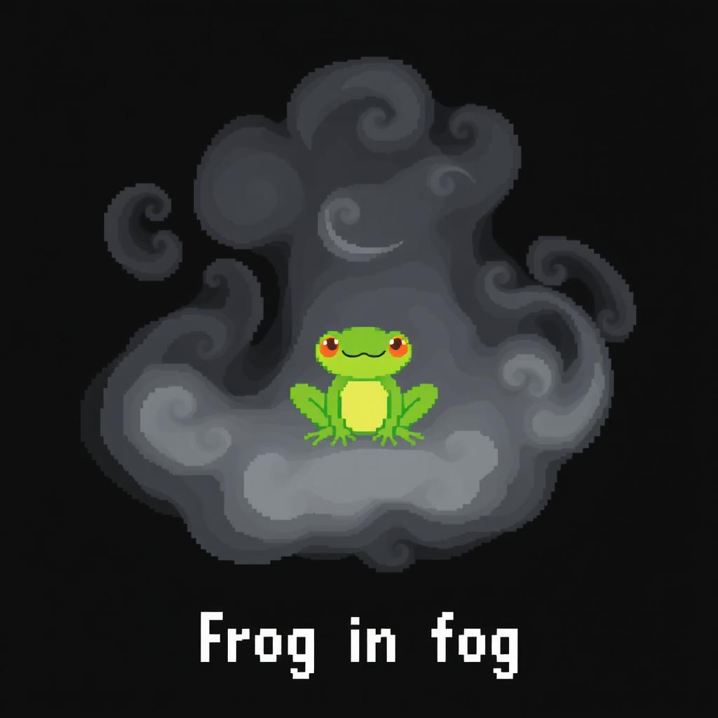 A pixel art illustration featuring a whimsical frog in a thick, curling fog against a solid black background