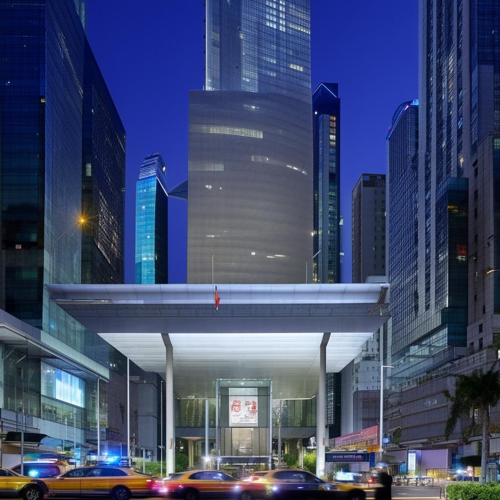 The front entrance of the Police Headquarters during the day, situated prominently in the bustling central business district, displaying rigorous security measures alongside bustling city life.