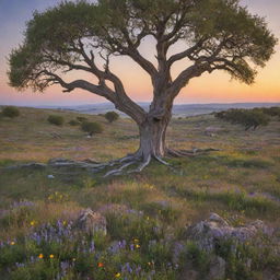 A serene landscape at sunset, with wildflowers blooming around an ancient gnarled tree