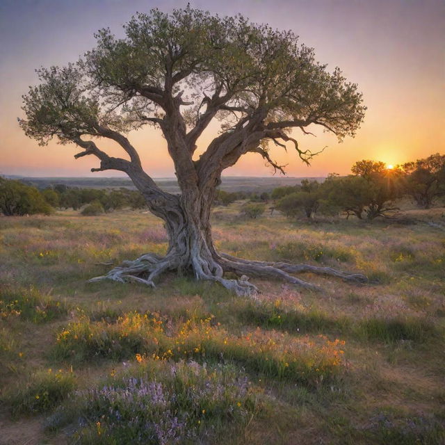 A serene landscape at sunset, with wildflowers blooming around an ancient gnarled tree