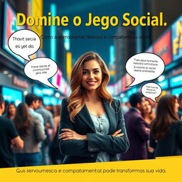 An empowering image themed 'Domine o Jogo Social: Como o Desenvolvimento Pessoal e Comportamental Pode Transformar Sua Vida