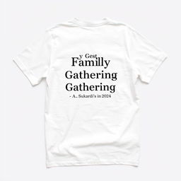 A simple, clean white t-shirt featuring the text 'Family Gathering, A