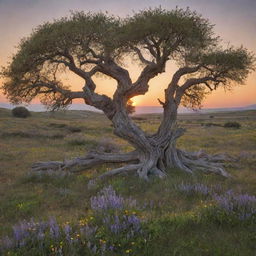 A serene landscape at sunset, with wildflowers blooming around an ancient gnarled tree