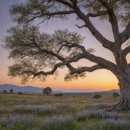 A serene landscape at sunset, with wildflowers blooming around an ancient gnarled tree