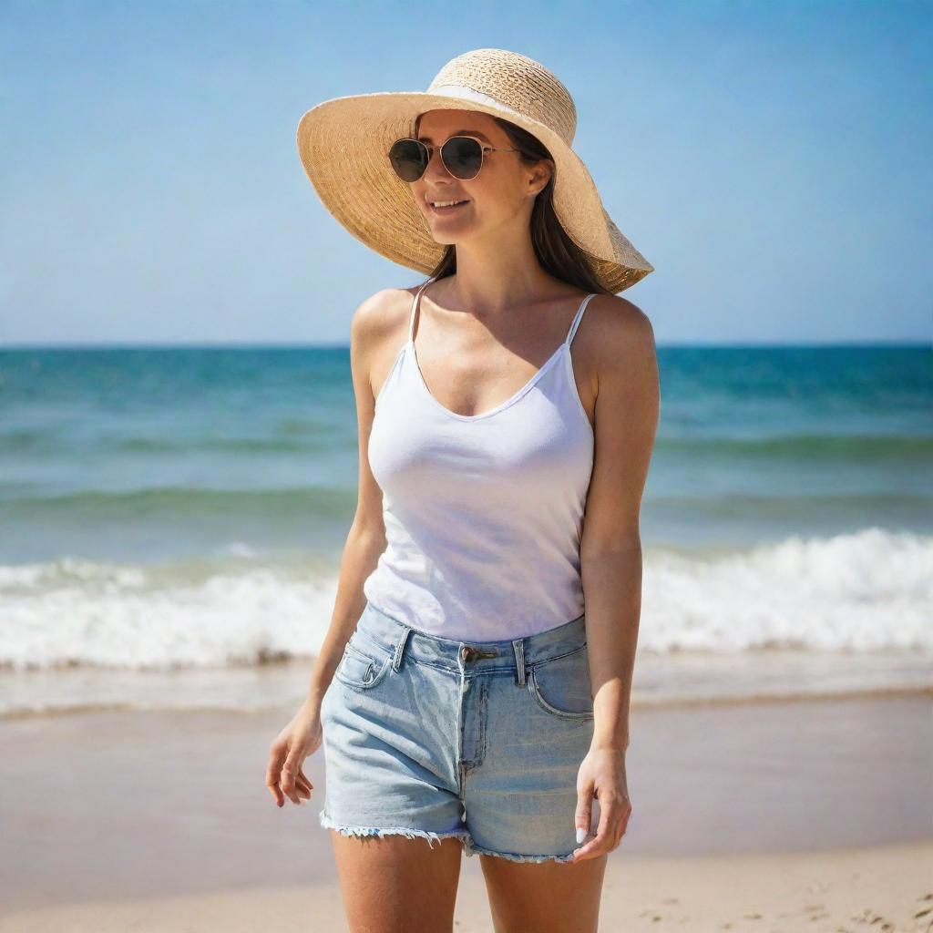 A woman enjoying a peaceful day at the beach. She is wearing a sun hat, sunglasses, and a trendy summer outfit while she watches the waves crash on the shore.