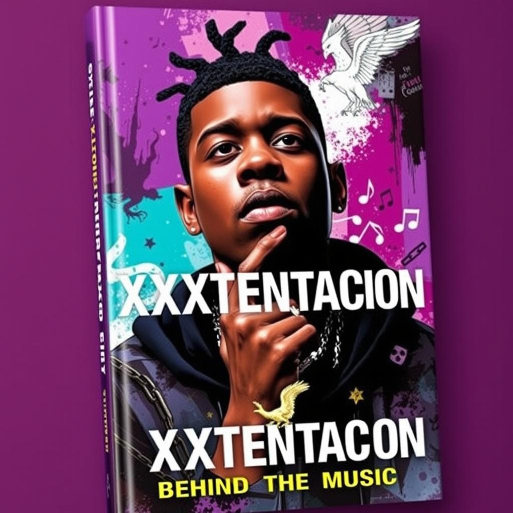 A book cover for a biography about the life of XXXTentacion, featuring a stylized portrait of him with intense, expressive eyes and a thoughtful expression