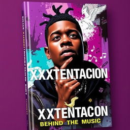 A book cover for a biography about the life of XXXTentacion, featuring a stylized portrait of him with intense, expressive eyes and a thoughtful expression