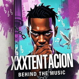 A book cover for a biography about the life of XXXTentacion, featuring a stylized portrait of him with intense, expressive eyes and a thoughtful expression