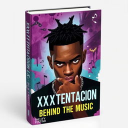 A book cover for a biography about the life of XXXTentacion, featuring a stylized portrait of him with intense, expressive eyes and a thoughtful expression