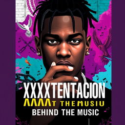 A book cover for a biography about the life of XXXTentacion, featuring a stylized portrait of him with intense, expressive eyes and a thoughtful expression