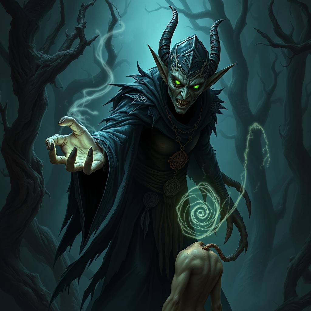 In a dark fantasy world, an evil elf with sharp features and glowing green eyes is depicted in the act of stealing lifeforce from a victim