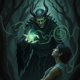 In a dark fantasy world, an evil elf with sharp features and glowing green eyes is depicted in the act of stealing lifeforce from a victim