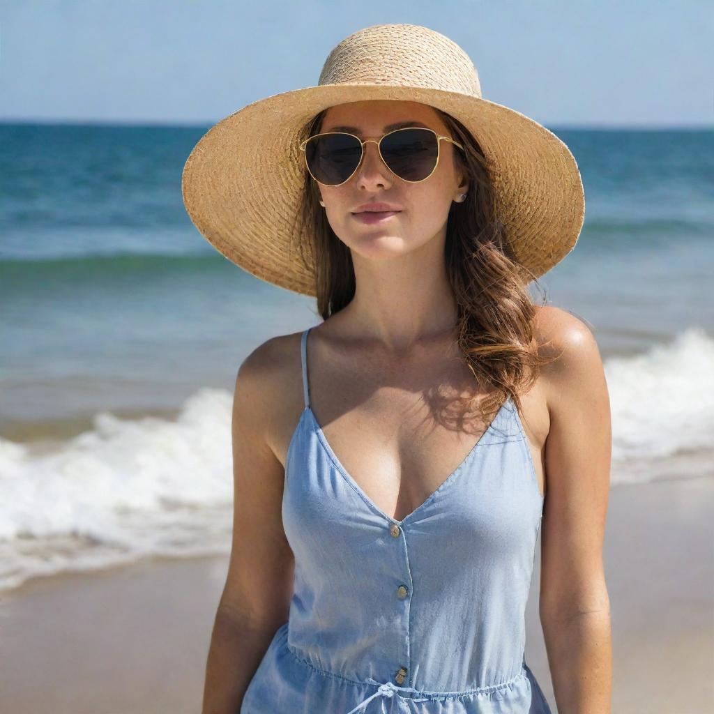 A woman enjoying a peaceful day at the beach. She is wearing a sun hat, sunglasses, and a trendy summer outfit while she watches the waves crash on the shore.