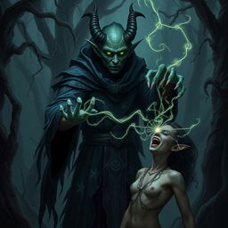 In a dark fantasy world, an evil elf with sharp features and glowing green eyes is depicted in the act of stealing lifeforce from a victim