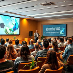 An engaging scene representing the theme 'Domine o Jogo Social: Como o Desenvolvimento Pessoal e Comportamental Pode Transformar Sua Vida' in the context of a lecture or seminar, without any text